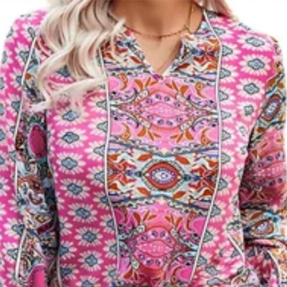 Boho Chic Printed Long-Sleeve Blouse - Pink & Multicolor - Picture 5 of 7
